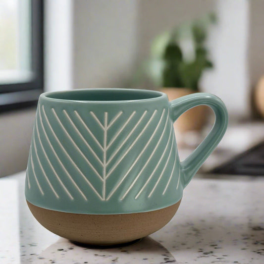 Matte Mint-Green Geometric Leaf Shape Ceramic Mug